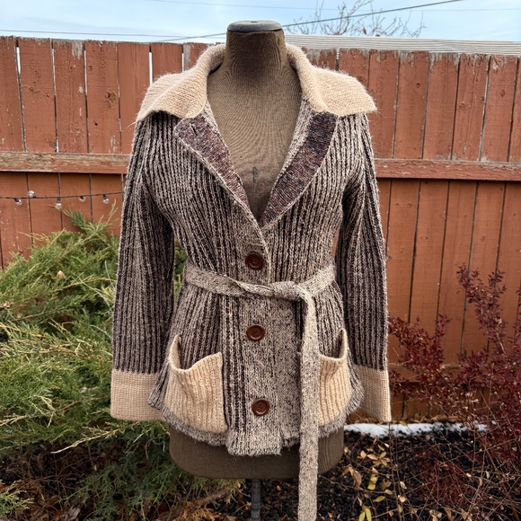 Vintage America Sweaters - Stunning Rare Vintage 70s Ribbed Knit Tie Waist Cardigan